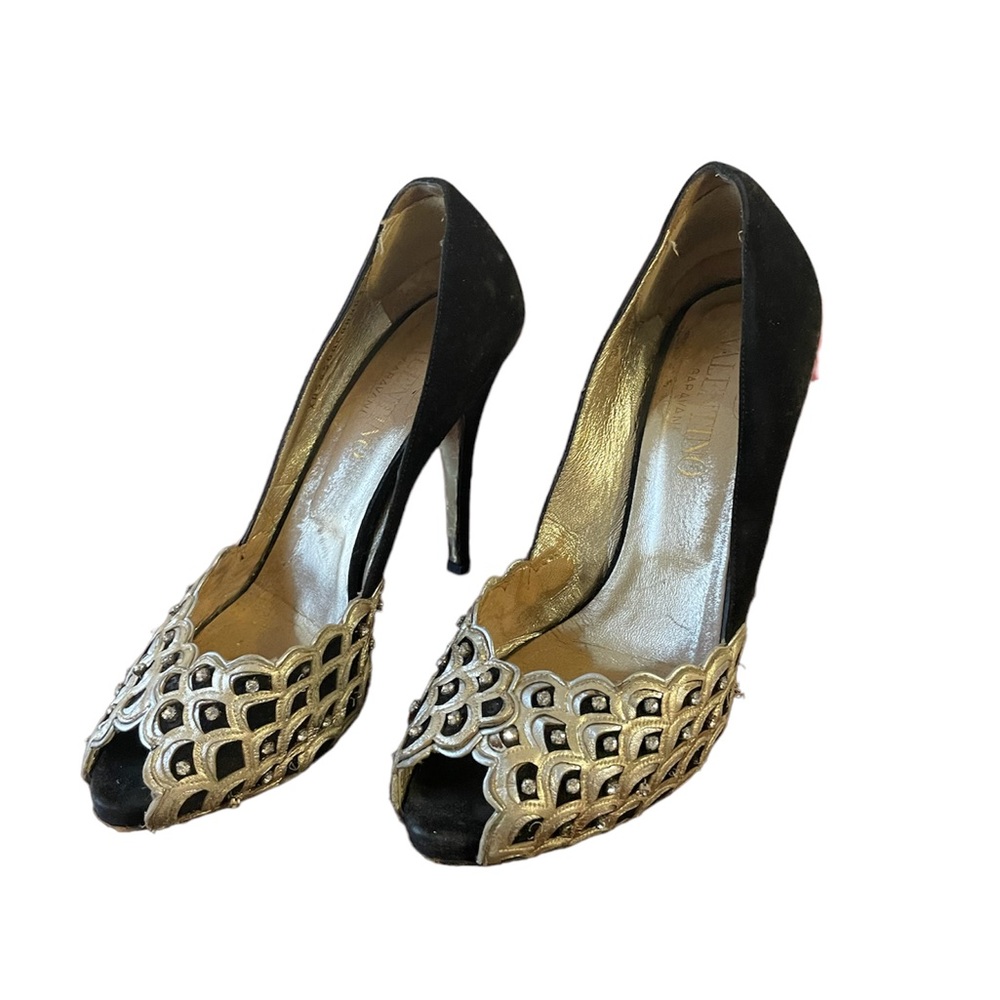Valentino - suede black with gold leather weave and studs in front, size 39.5
